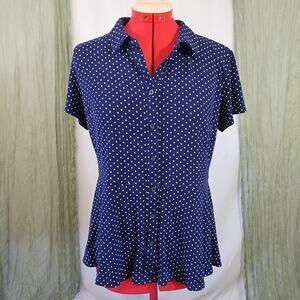 Isaac Mizrahi Blue with White Polka Dot Button Up Short Sleeve Blouse Size M